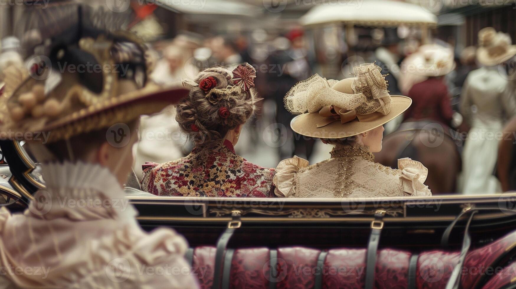 A group of friends sit in a horsedrawn carriage backs to the camera as they travel through the streets of a bustling Victorian . photo