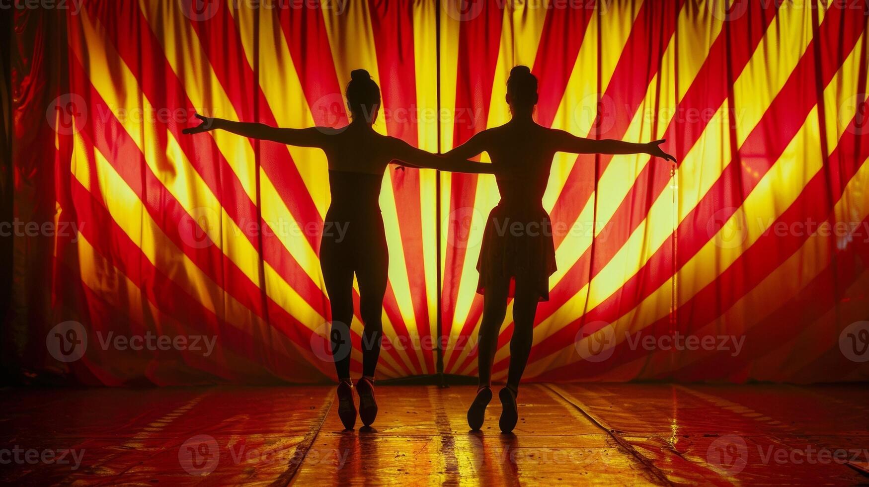 Two acrobats with arms linked silhouettes standing out against the vibrant red and yellow stripes of the circus backdrop. . photo