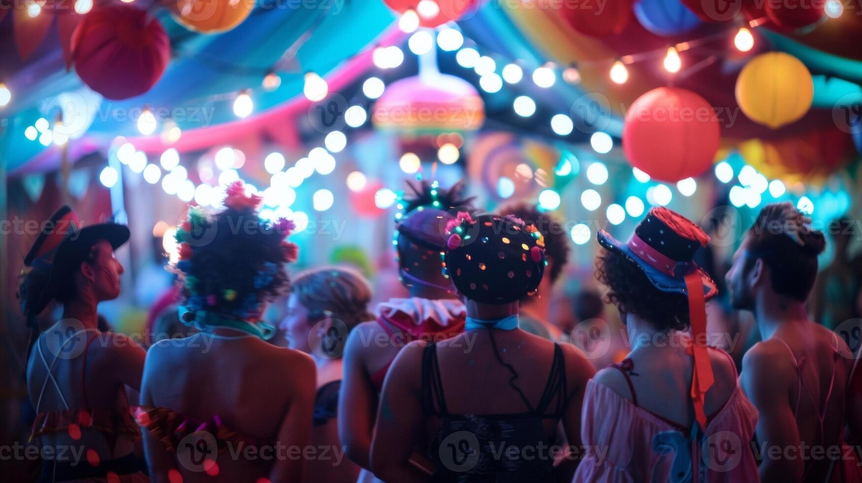 Framed by a colorful canopy of circus banners and lights a group of performers gather for a team meeting backs to the camera . photo