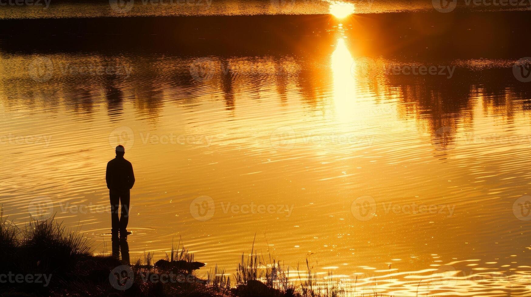 A lone figure stands at the edge of a tranquil pond back to the camera. The golden hues of the setting sun illuminate . photo