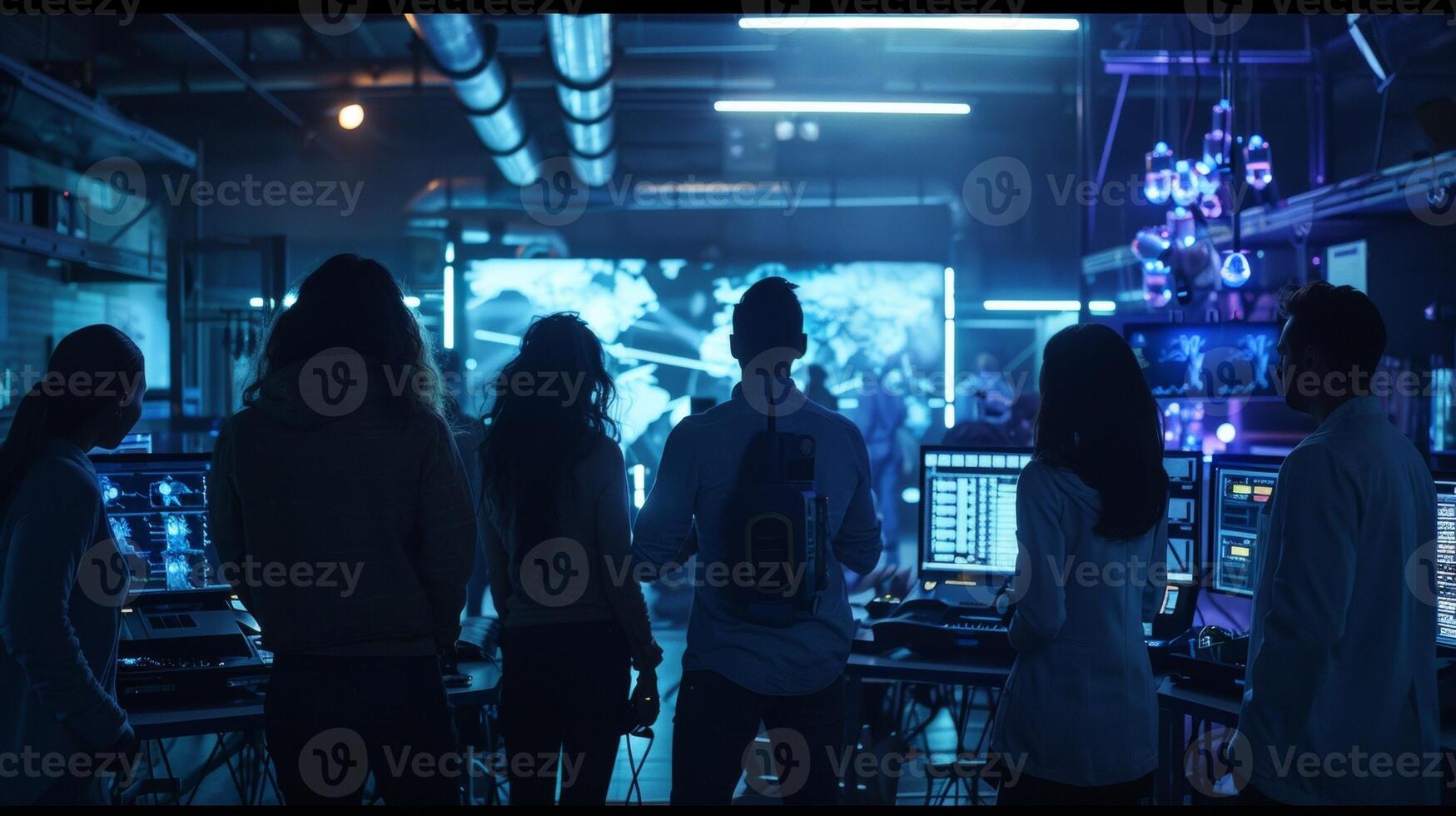 In a dimly lit room filled with strange machinery and glowing screens a group of scientists stand with backs to the camera collaborating . photo