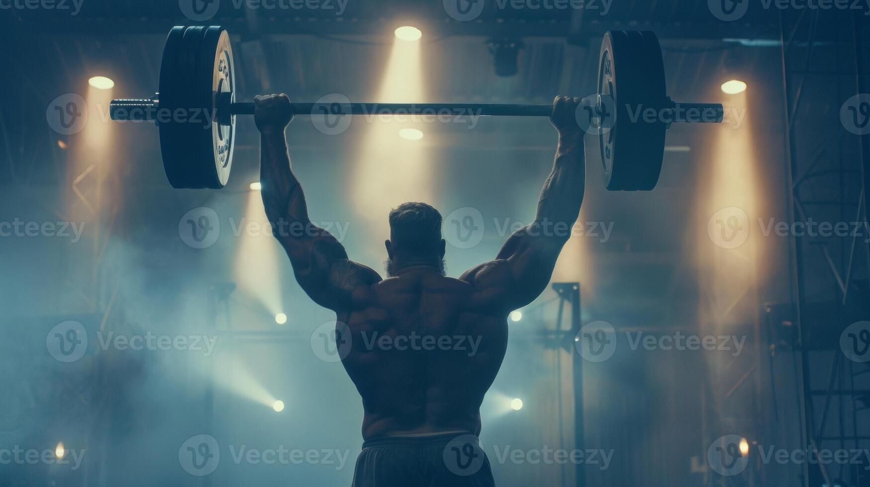 A burly strongman lifts a massive barbell above head back facing the camera as displays impressive strength. The dimly . photo