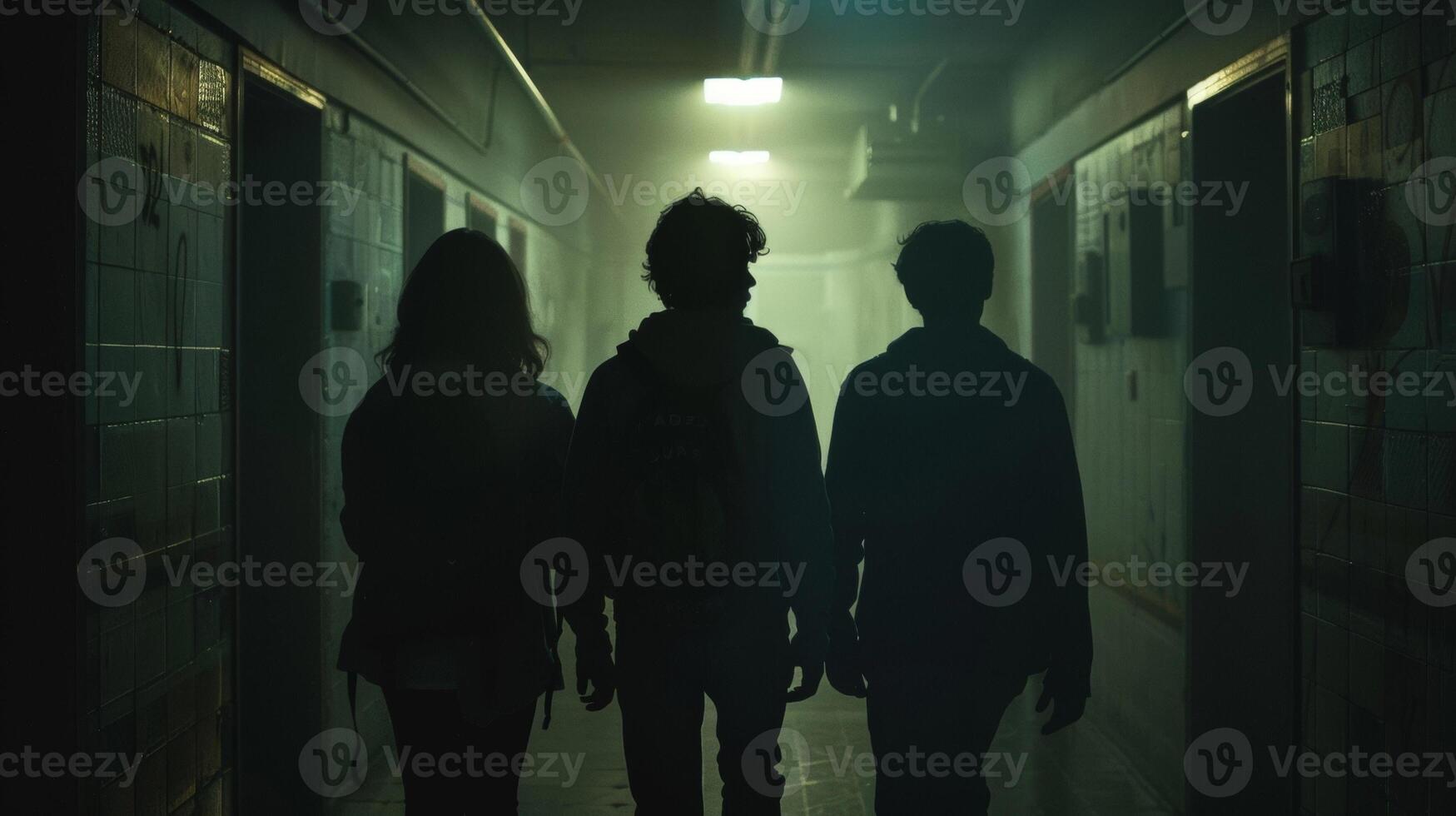 A team of three individuals backs to the camera are walking towards a door marked Authorized Personnel Only. The dimly lit hallway . photo