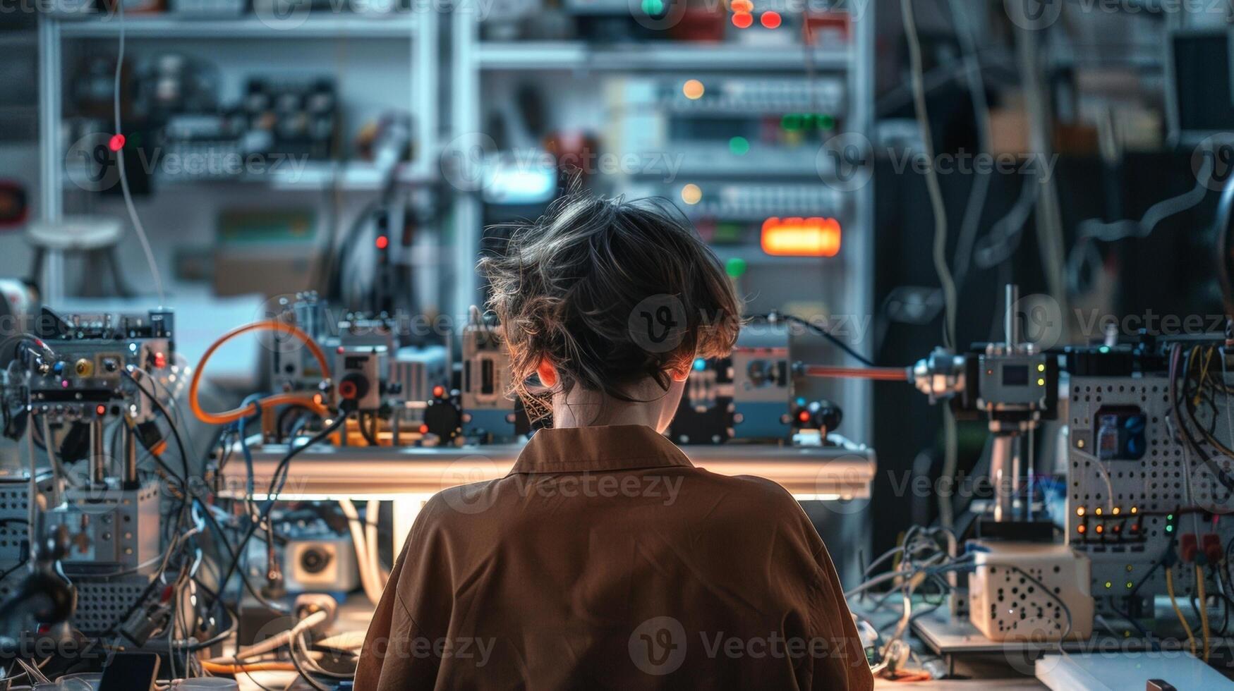 A person with back turned to the camera appears to be tinkering with a complex machine surrounded by tools and technology. . photo