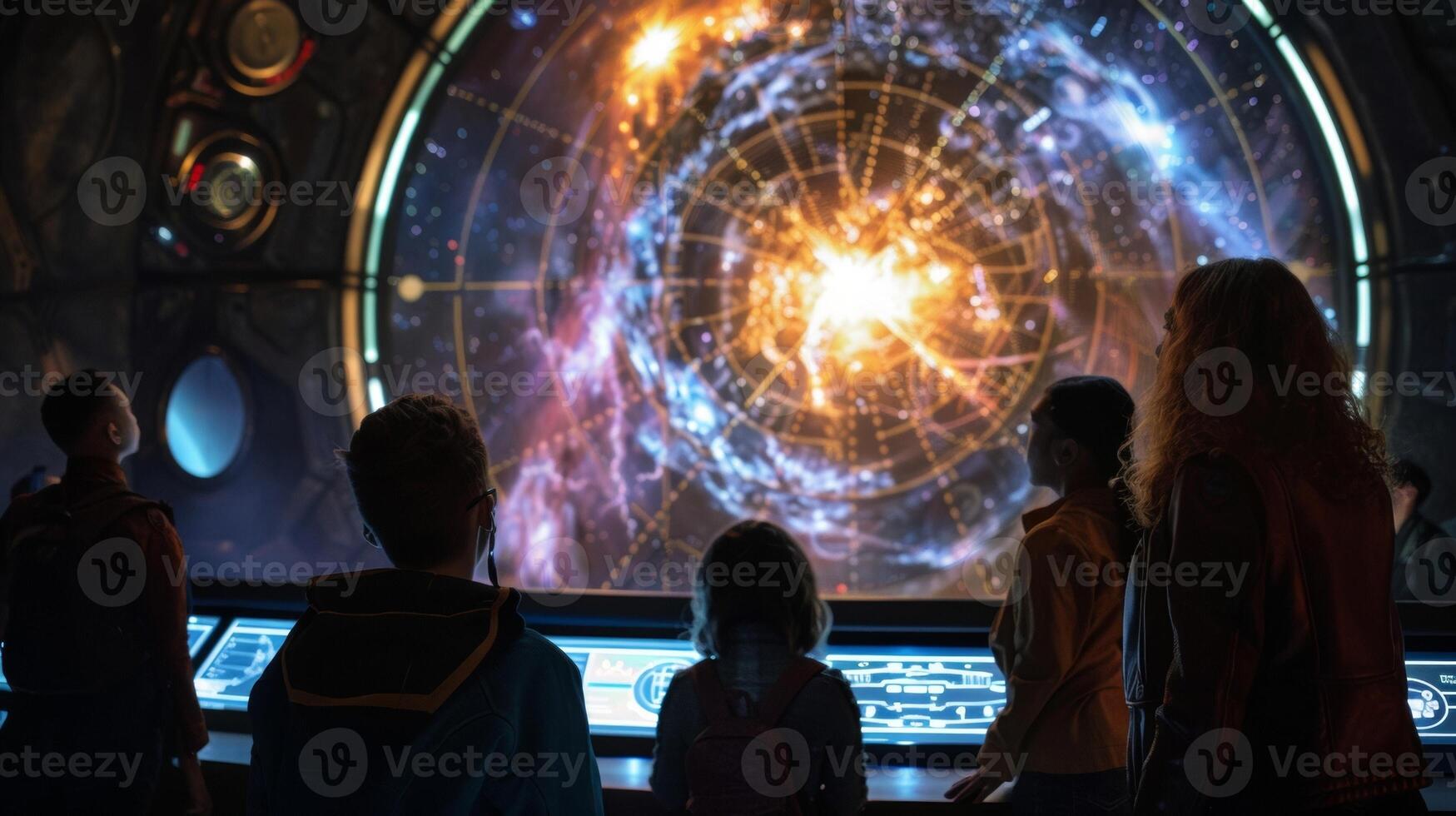 A group of space travelers eagerly focus attention on a large illuminated map of uncharted galaxies preparing to embark on an . photo