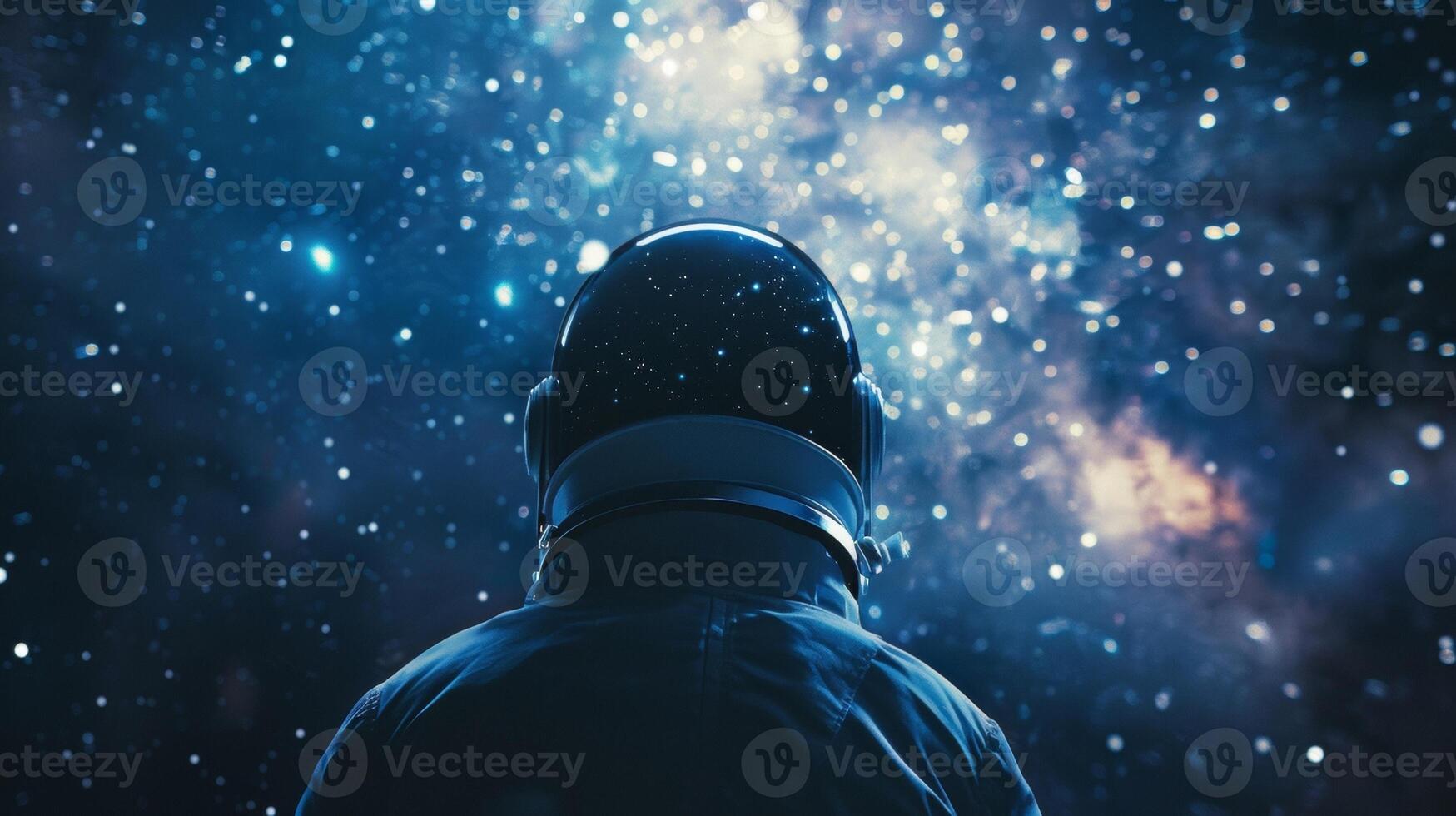 A space travelers back is towards us face obscured by helmet as they peer into the vastness of space marveling at the . photo