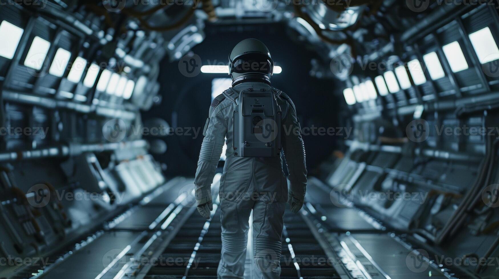 In the dimly lit interior of a spaceship a mysterious figure shrouded in a white suit and helmet faces away from the camera as they . photo