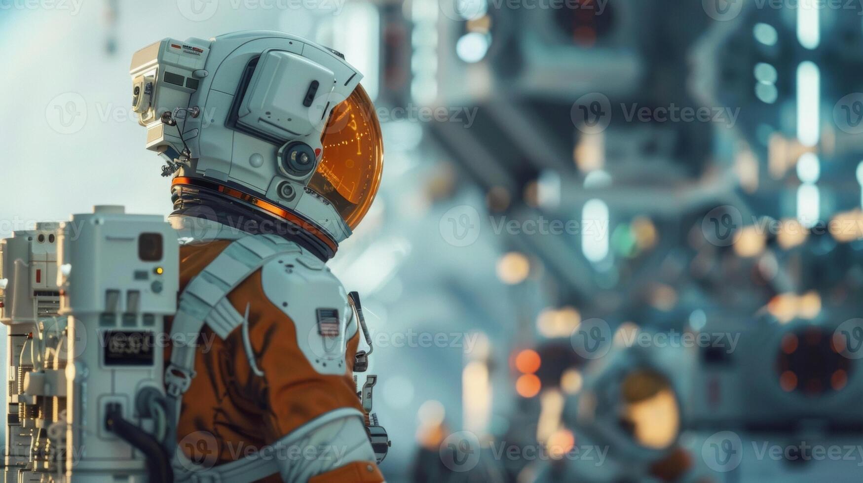 In the background of the scene a lone astronaut inspects a complex piece of machinery lost in thought as they study its intricate . photo