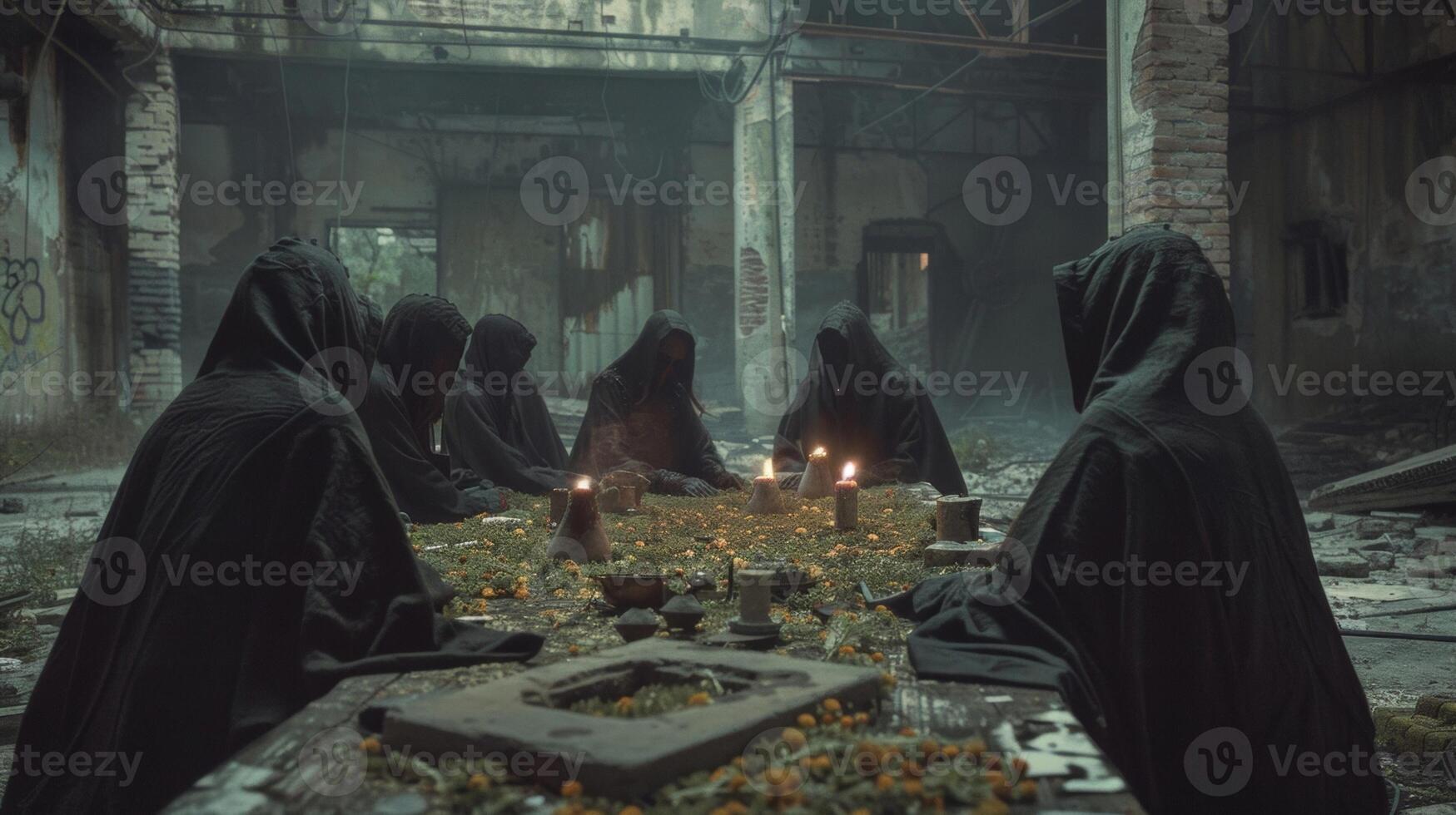 In a desolate abandoned warehouse a group of hooded figures gather around a table covered in strange artifacts and relics backs . photo