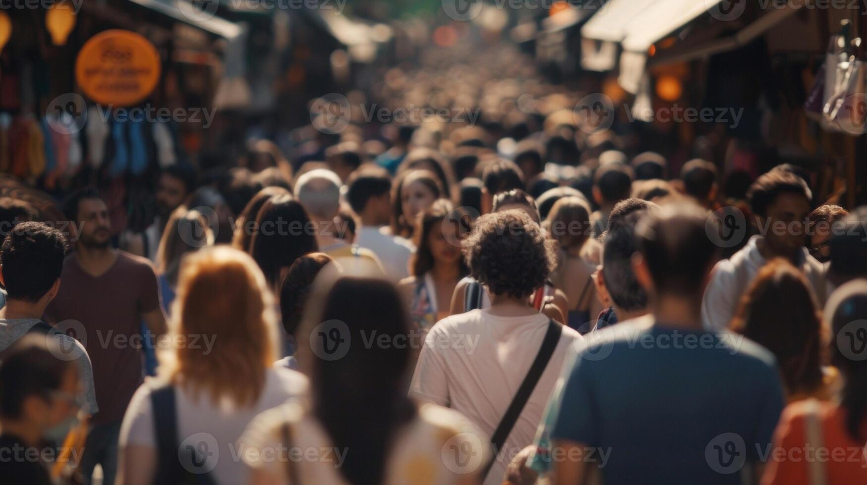 Crowds of people backs facing the camera move in different directions as they navigate through the packed street market each . photo