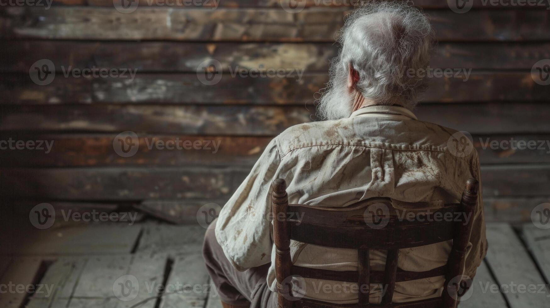 A weathered old man sits on a worn wooden chair back to the camera as nods along to the bards song. face reflects a lifetime . photo