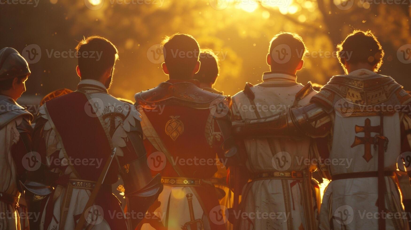 As the sun sets on the jousting tournament a group of knights stand with backs to the camera arms linked in camaraderie. . photo