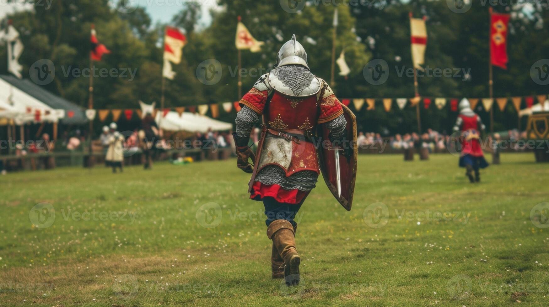 A squire hurries across the grass carrying a shield and a lance for master who is preparing for the next joust. . photo