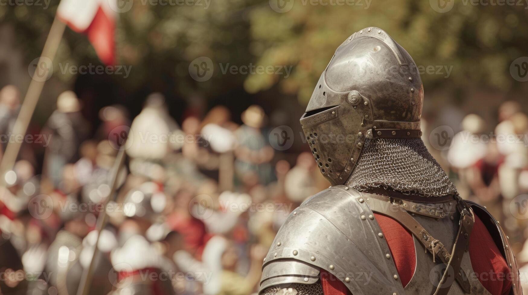 A knight in shining armor face hidden by a visored helmet stands with back to the camera as surveys the crowd gathered . photo