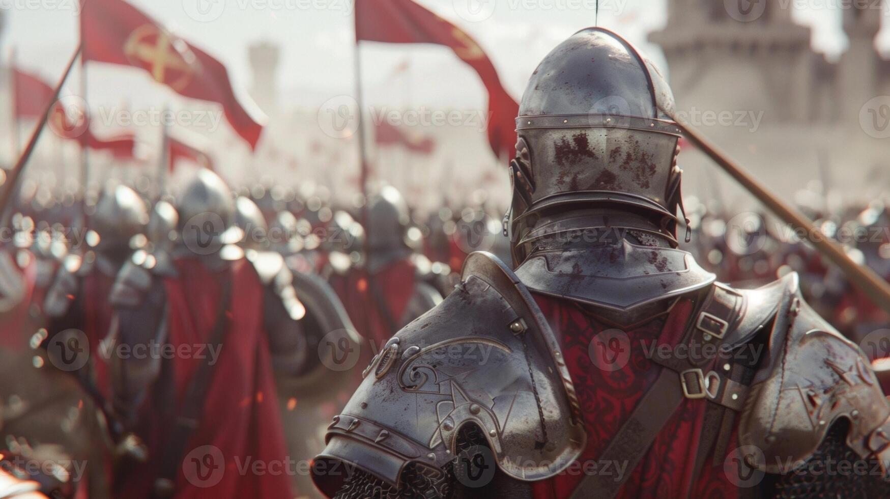 As the tournament announcers voice booms through the arena the backs of the knights facing the camera remain still and unmoving . photo
