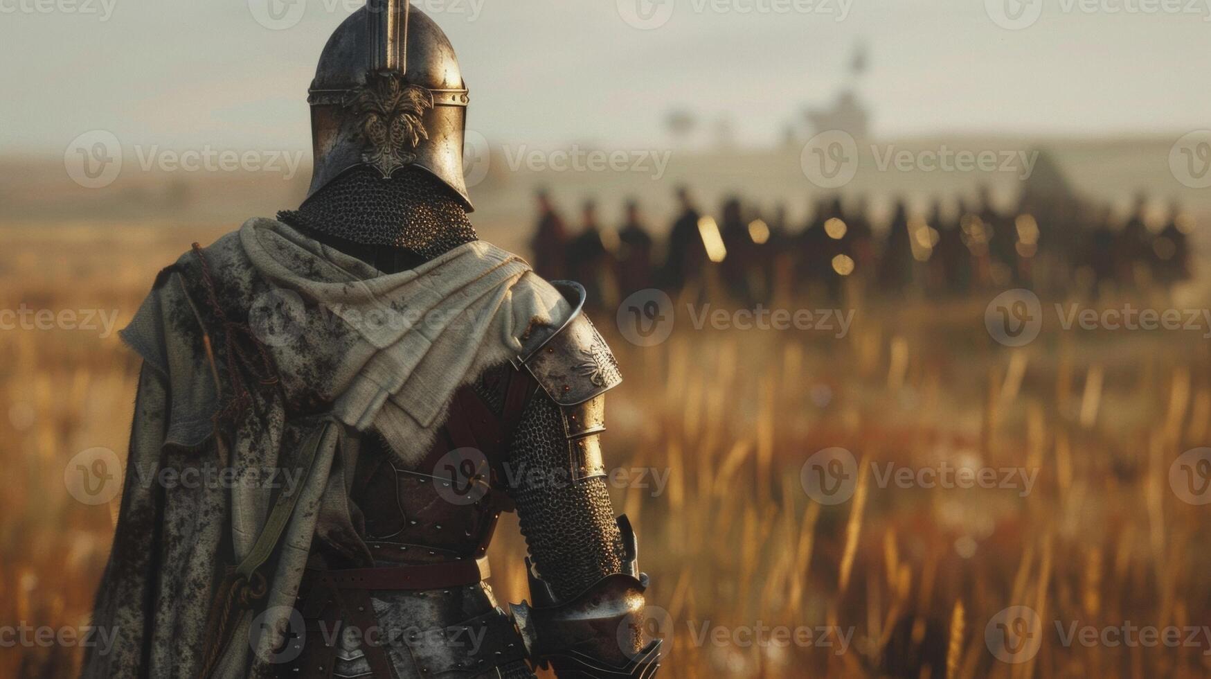 A lone knight stands with back to the camera gazing out at the vast field in front of them. Despite being surrounded by other . photo