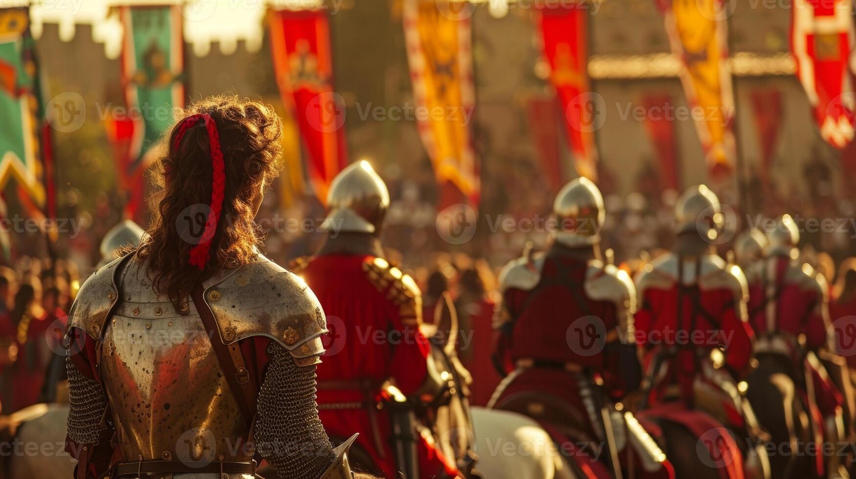 A group of knights backs to the camera line up with horses as they await turn in the jousting competition. The colorful . photo