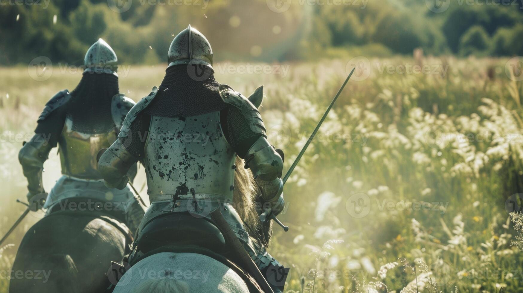 In a verdant green field two knights on horseback faces hidden behind helmets engage in a fierce duel. The sound of clashing . photo