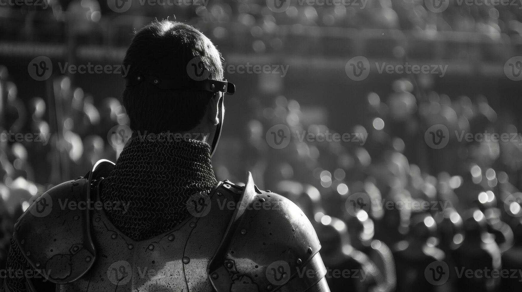 A lone knight gazes out at the bustling tournament grounds back turned to the commotion as takes a moment of quiet reflection . photo