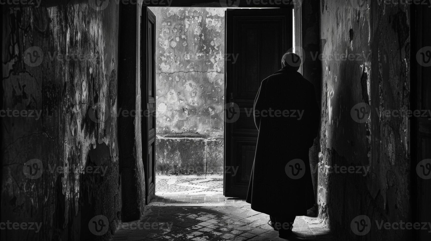 A lone figure wrapped in a long coat stands with back to the camera. They appear to be lost in contemplation as they gaze into . photo