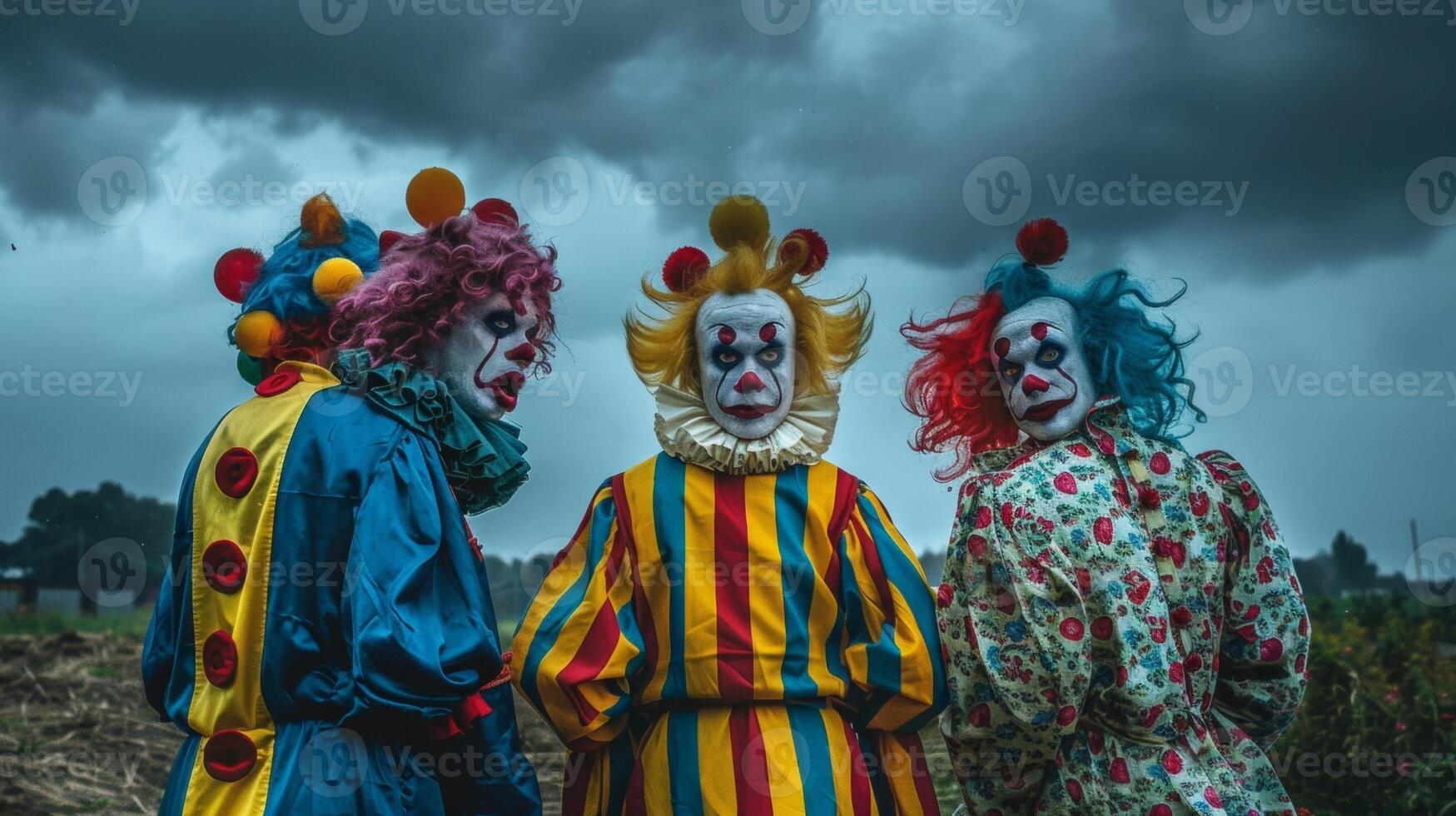 Against a dark sky a trio of clowns stand with backs to the camera exaggerated poses and bright costumes creating an unsettling . photo