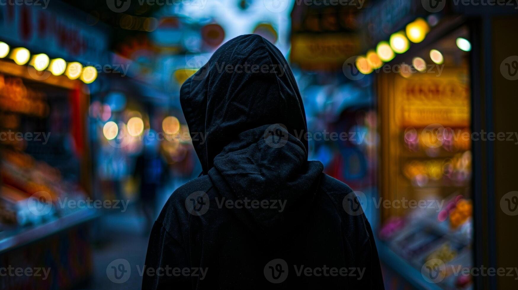 A mysterious figure in a hooded cloak stands in front of a boardedup candy booth back to the camera as they seem to search for . photo
