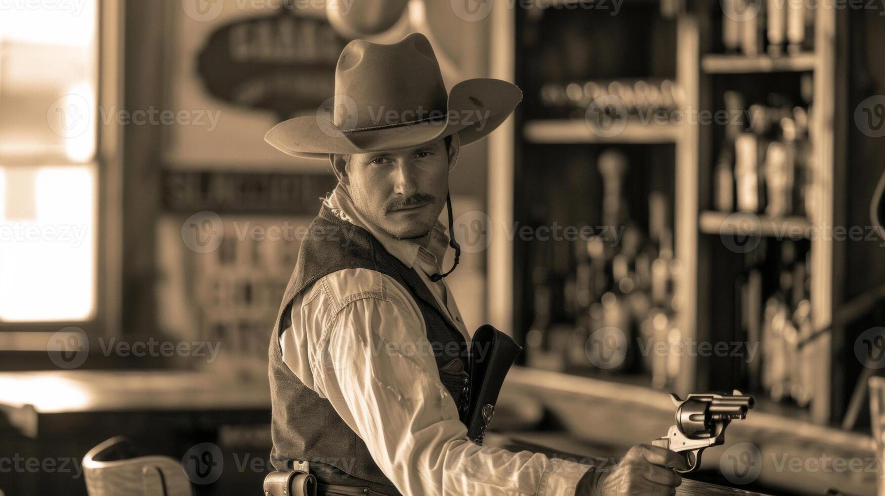 A man in a cowboy hat leans against the bar a revolver holstered at side. . photo
