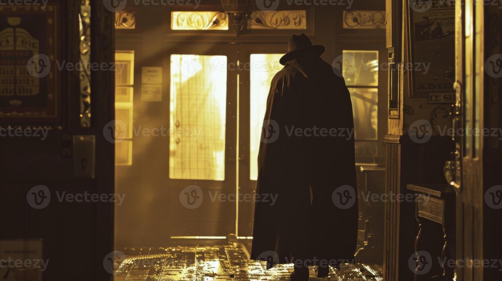 A figure stands with back turned silhouette outlined by the warm light spilling out from behind the closed saloon doors. . photo