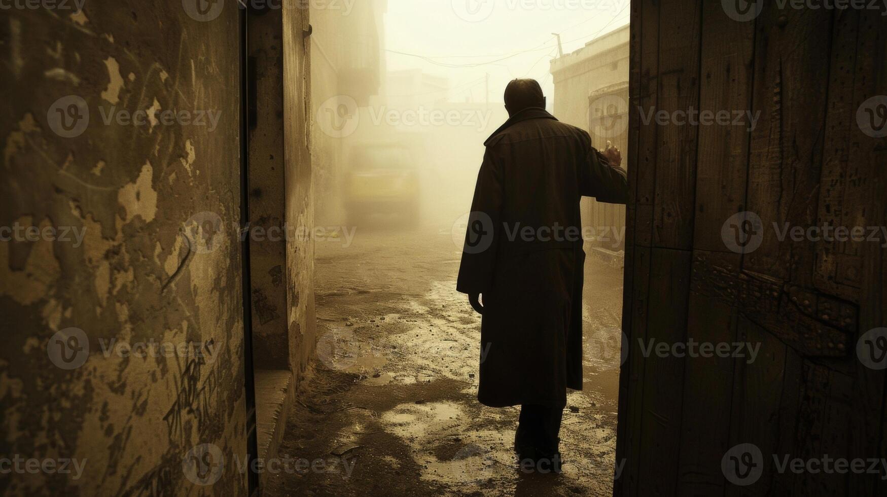 A person in a trench coat stands at the entrance hand resting on the door handle as they peer out into the dusty street. . photo