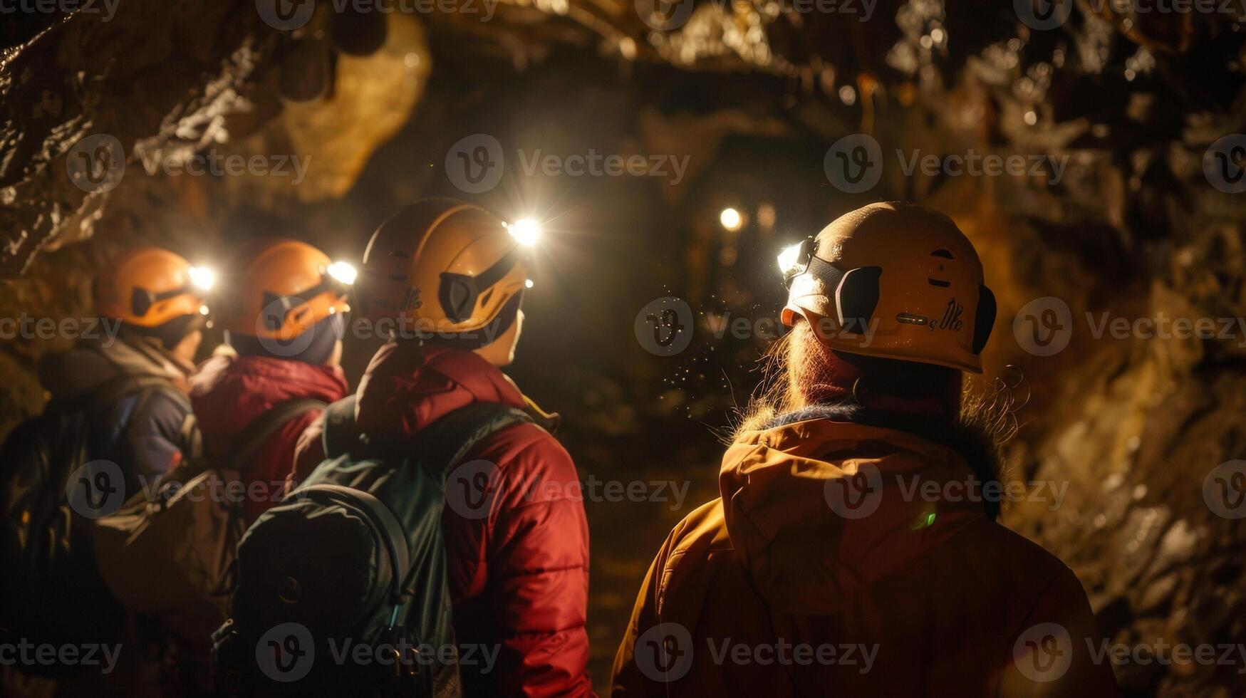 Huddled together for warmth a group of explorers faces away from the camera as they brave the darkness of the caves headlamps . photo