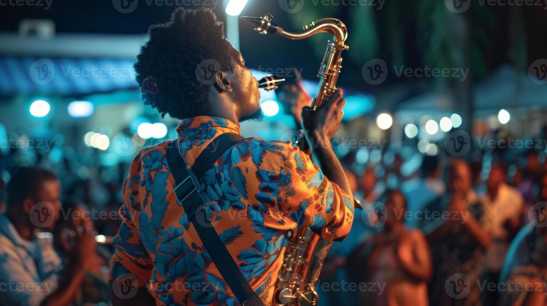A saxophonist back turned blowing into instrument with passion and skill while the audience cheers and claps along to the infectious . photo