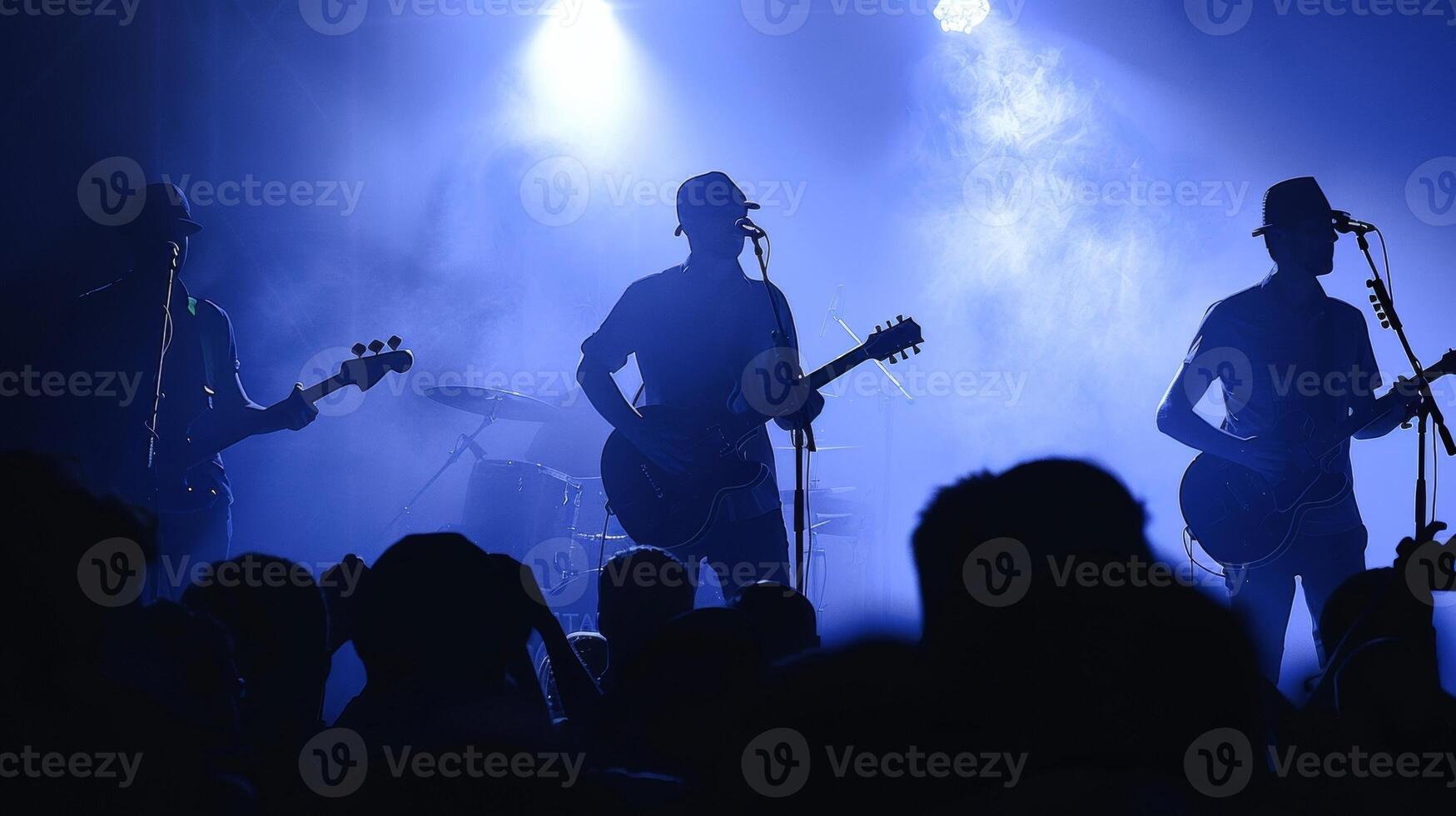 The silhouettes of three guitarists facing away fingers flying over the strings as they jam out to a crowd of eager spectators. . photo