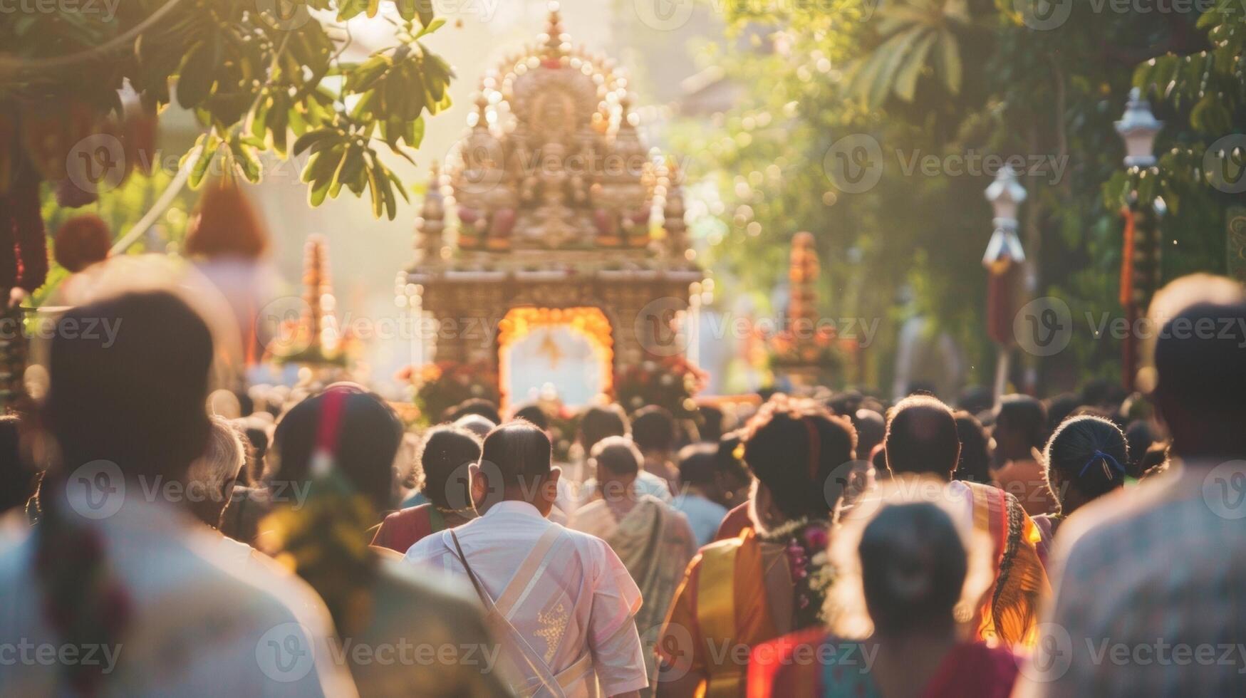 A procession of believers facing away from the viewer making way towards a sacred site carrying offerings and gifts as part . photo