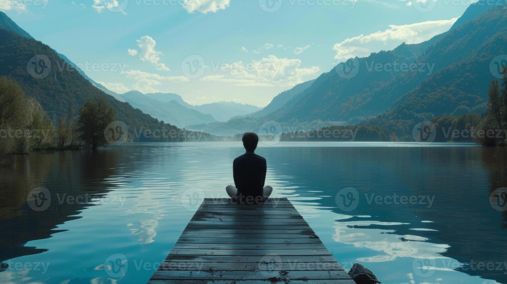 In a serene lakeside setting a person sits on a dock with back facing the camera. The water is calm and the mountains in the . photo