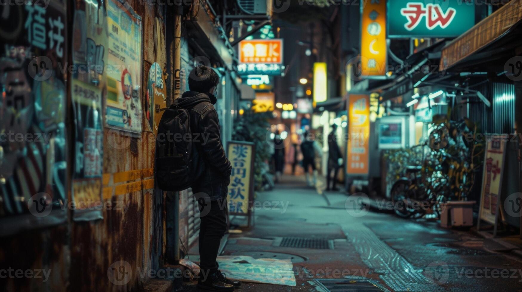 A lone figure leans against a rusted metal wall gaze focused on the bright adverts and signs of the bustling cyber city just . photo