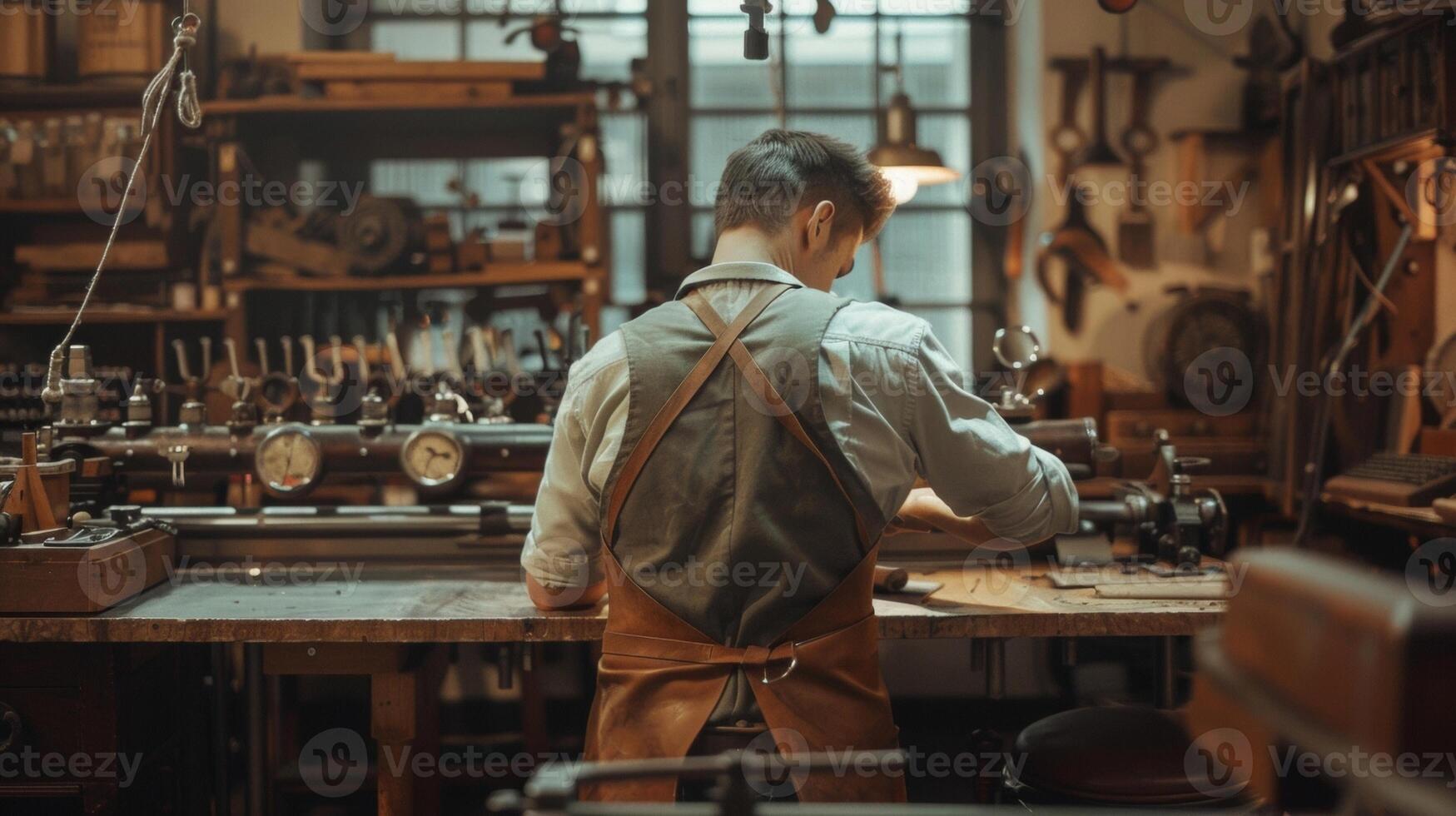 A pair of workers wearing leather aprons are hunched over a workbench backs turned to the camera as they carefully assemble . photo