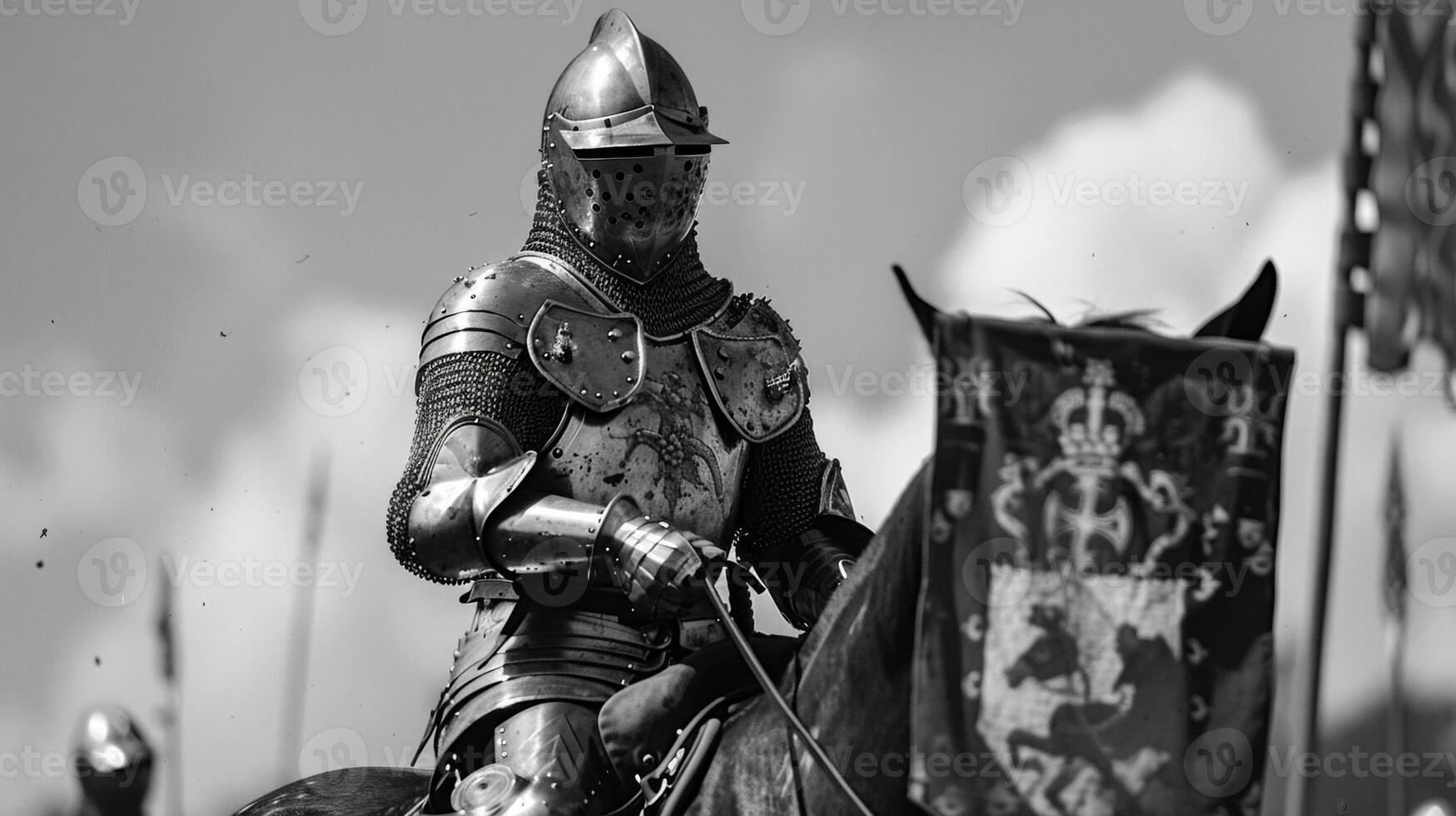 One knight sits atop horse helmet and shield adorned with family crest eagerly awaiting the signal to begin the joust as . photo