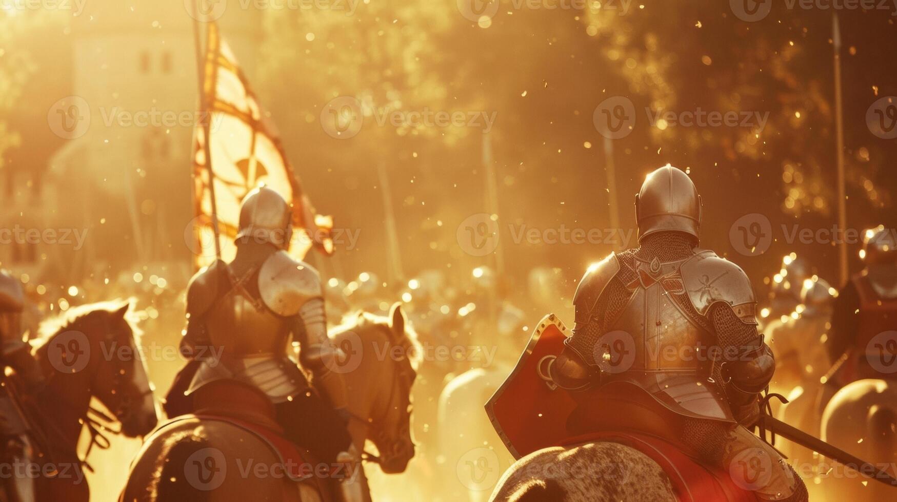 The sun beams down on the scene casting a golden light on the jousting knights and horses as they engage in a fierce but honorable . photo