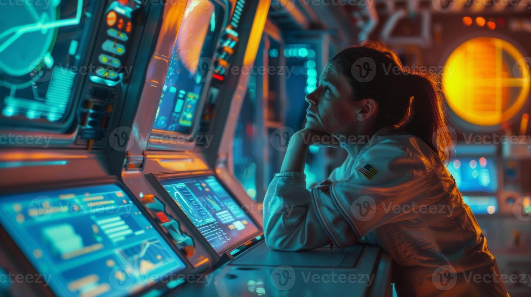 A third astronaut leans against the console body language relaxed and casual as takes a moment to admire the vibrant colors . photo