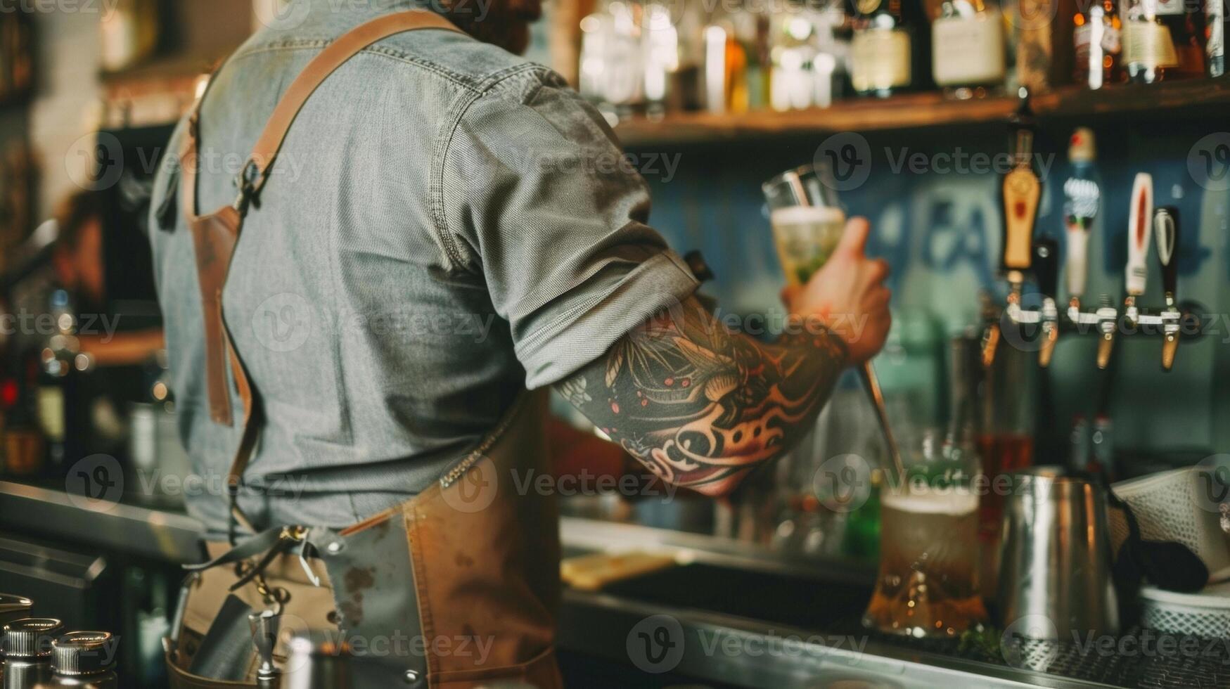 A burly bartender stands behind the bar with back to the camera expertly mixing drinks and serving up shots to the rowdy crowd. . photo