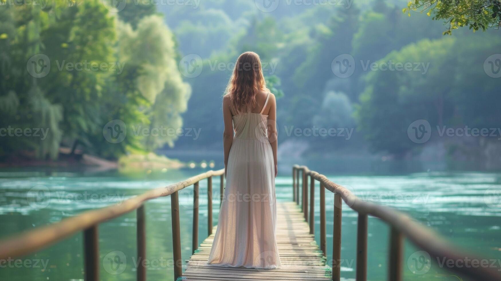 A woman in a flowing dress stands on a bridge back to the camera as gazes out at the tranquil river below. . photo