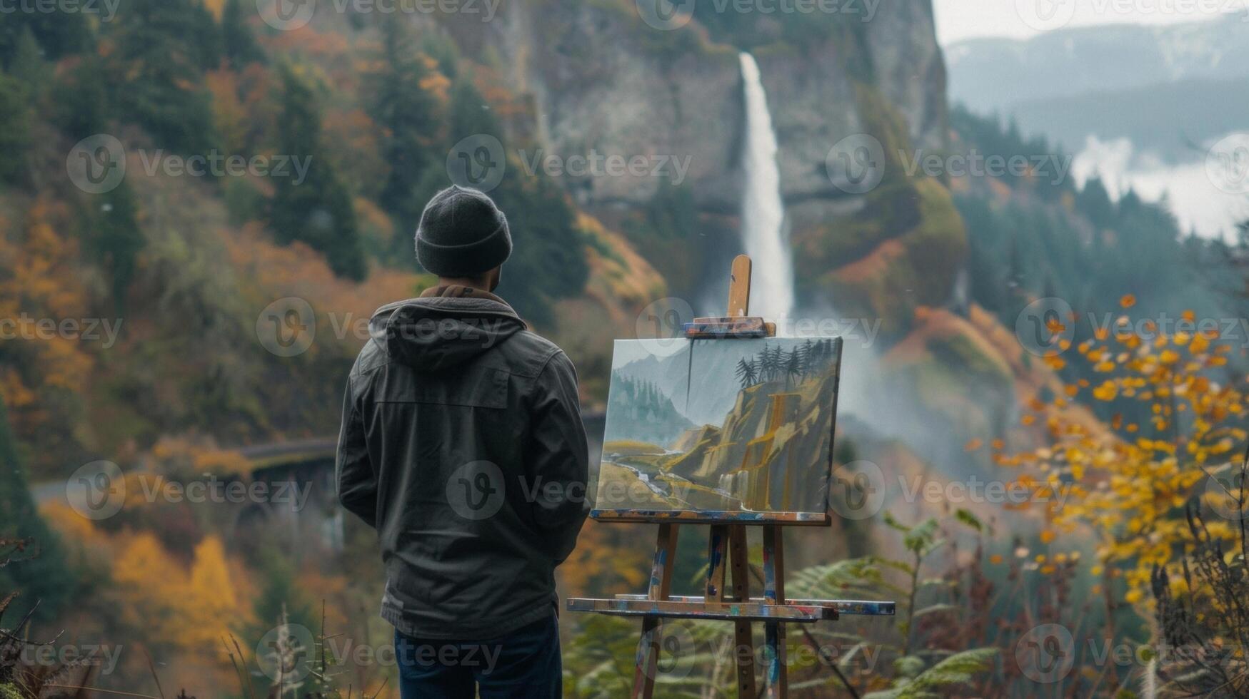 A painter stands with canvas and easel back facing the camera as they capture the grandeur of a cascading waterfall against . photo