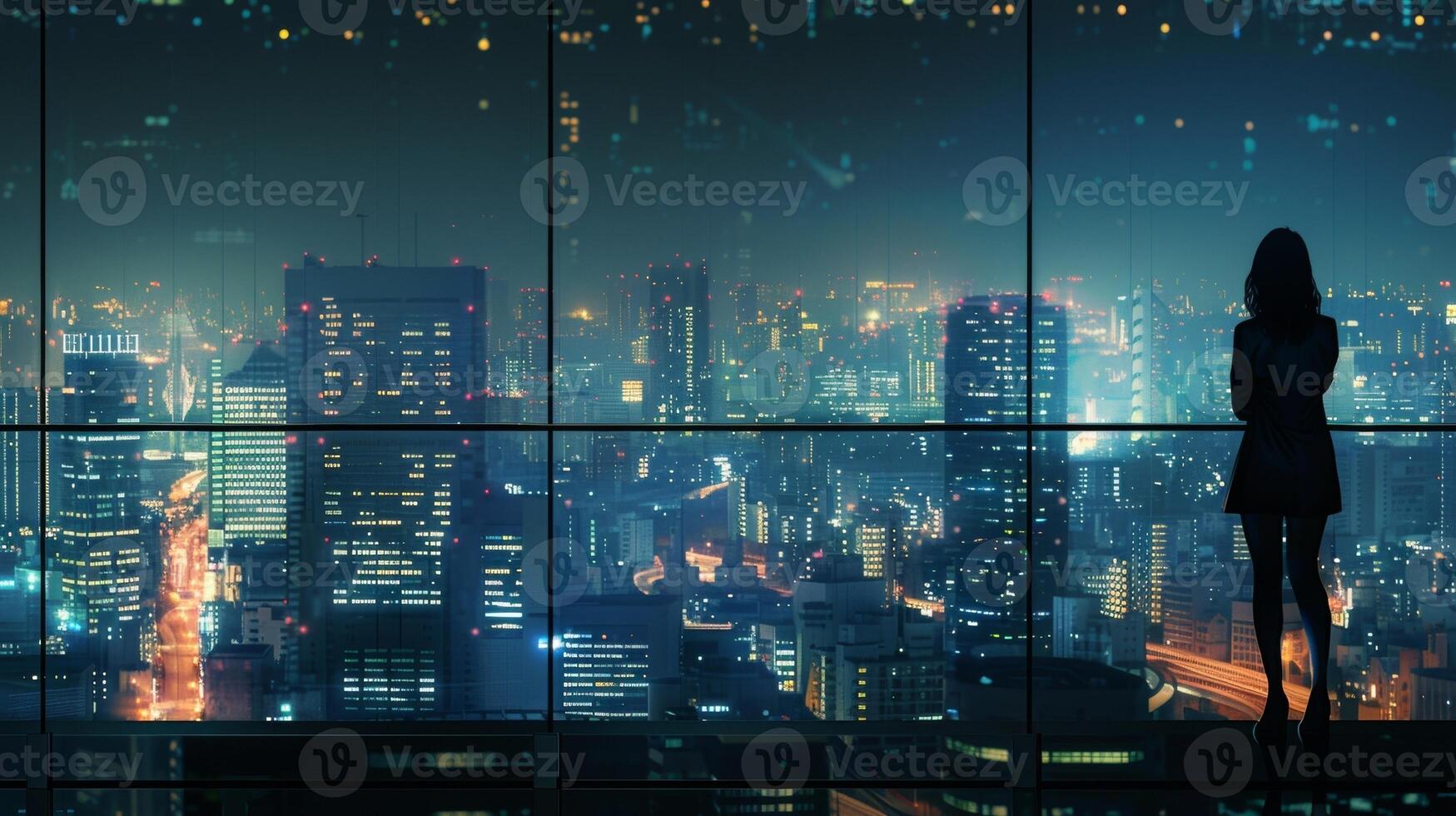 A woman stands alone looking out at the cityscape from the balcony of a skyser. She is deep in thought lost in contemplation as she . photo