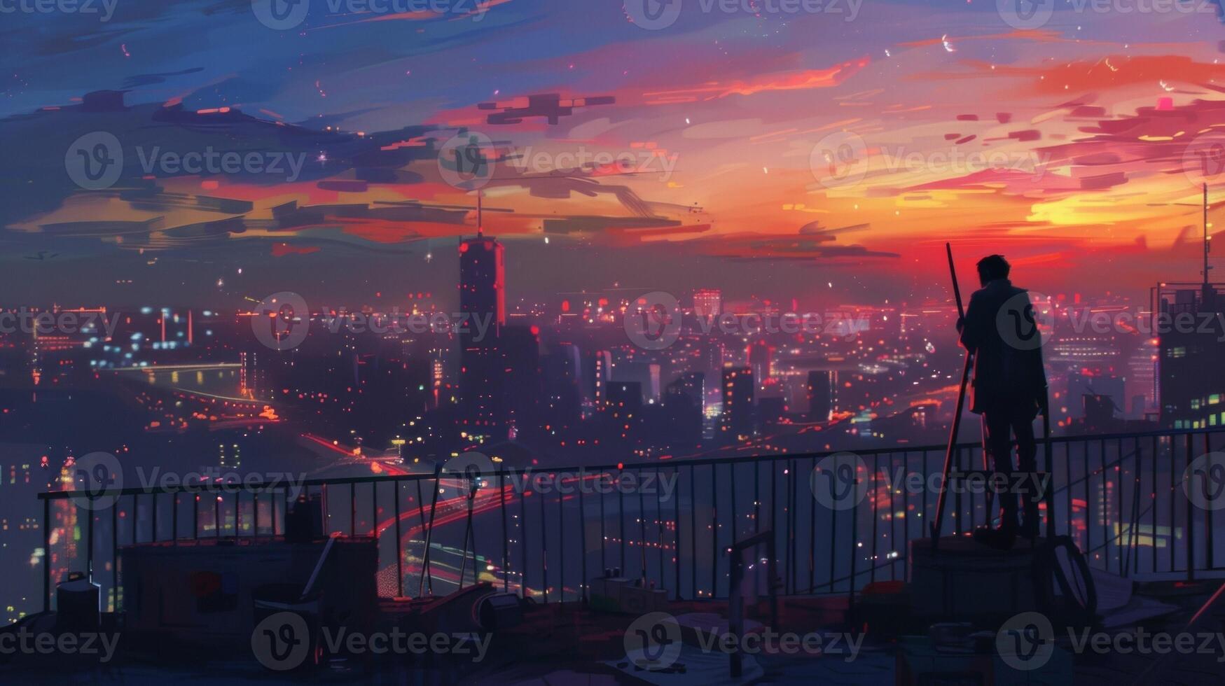 A solitary figure stands with their back to the camera gazing out at the city lights from a high balcony. They hold a paintbrush in . photo