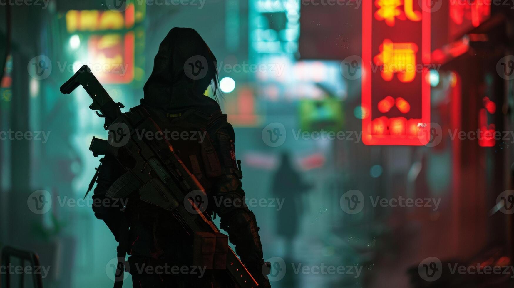 In the foreground a shadowy figure with a futuristic rifle slung over their shoulder strides away from the camera their silhouette . photo