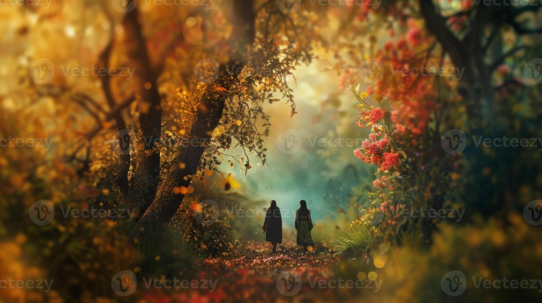 The figures in the distance move deliberately and deliberately their backs turned to the camera as they head towards the enchanting . photo