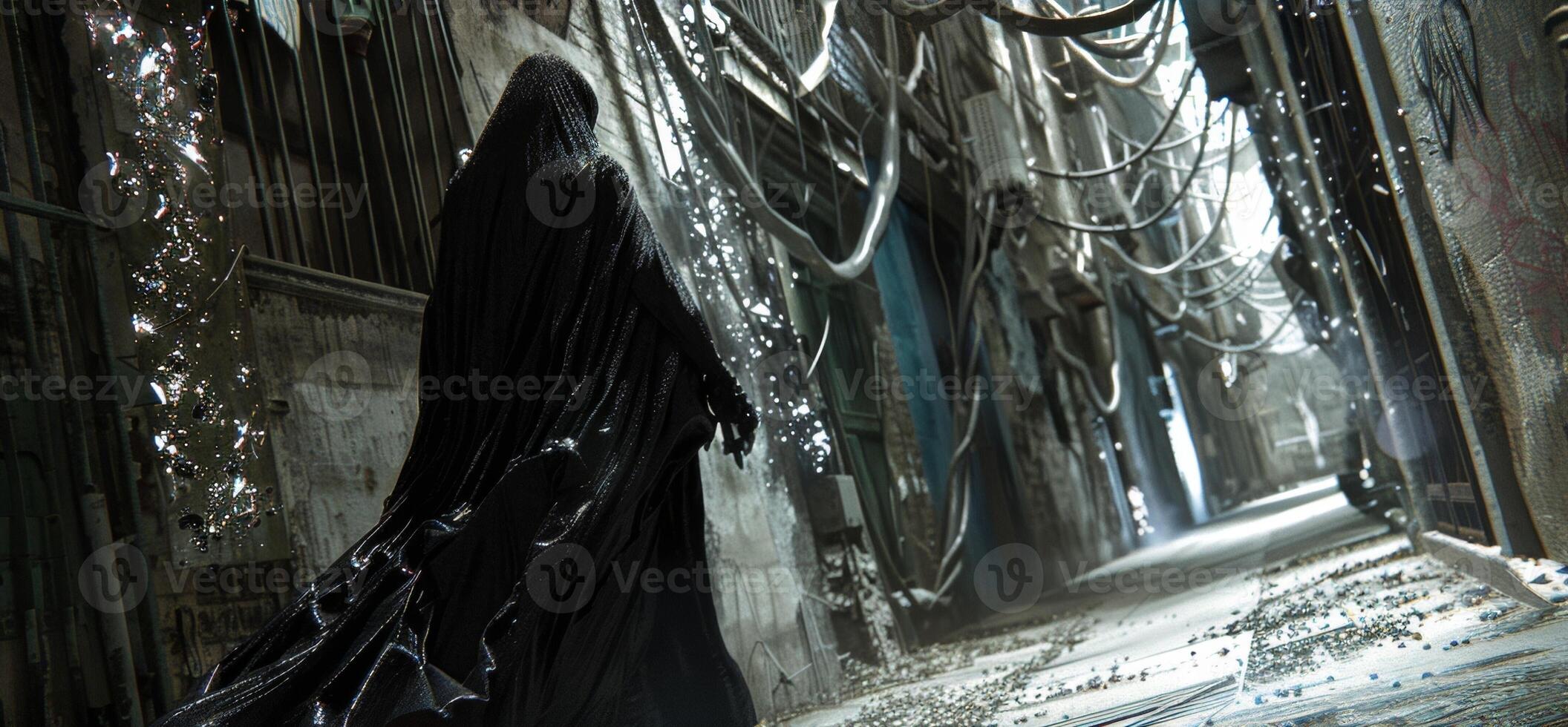 A cloaked figure is seen walking away their body contorting in a way that defies human anatomy. The alleyway seems to come alive behind . photo