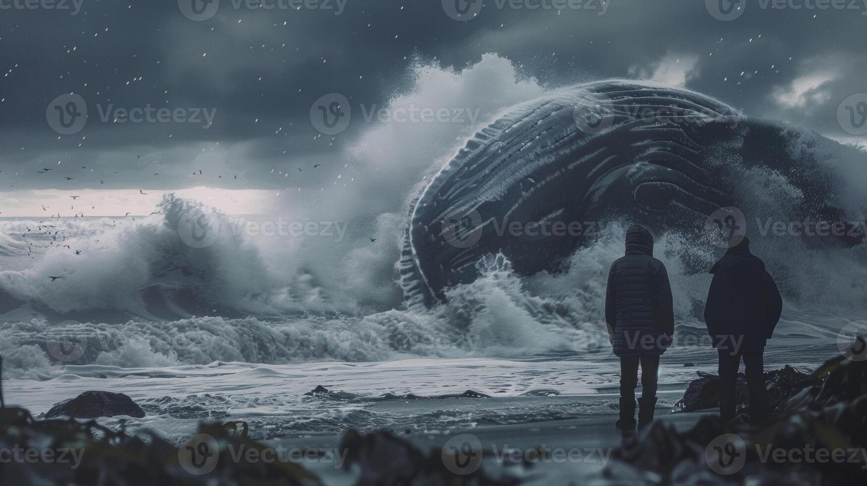 Two figures stand at the waters edge their backs to the camera as they watch a massive sea creature breach the surface. The vastness . photo