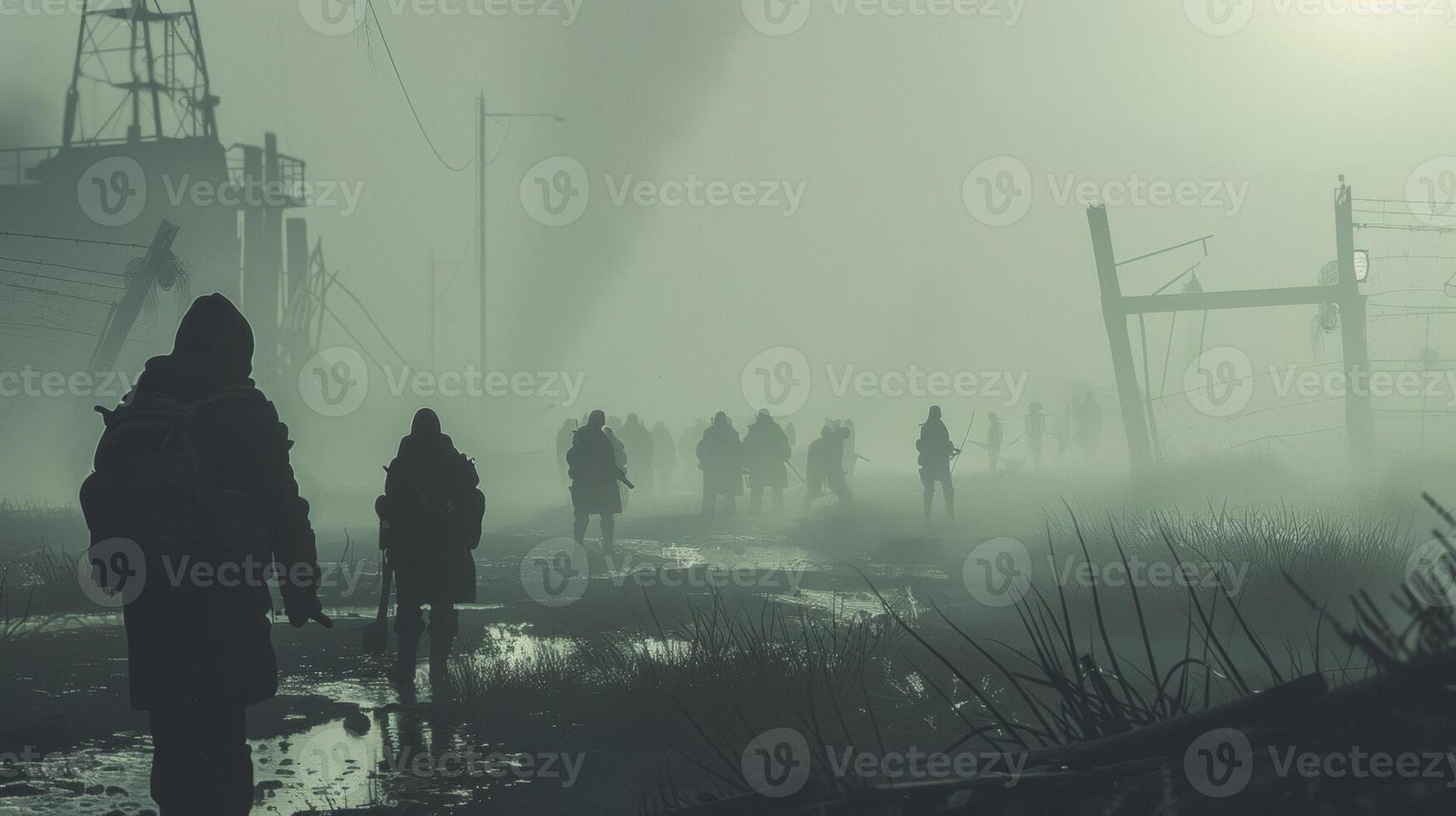A group of shadowy figures ly visible in the dense fog boldly making their way through a dystopian wasteland. . photo