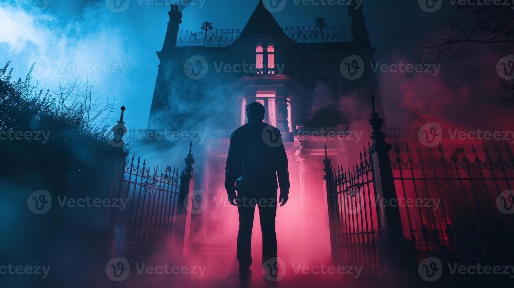 A figure stands at the entrance of the haunted house their back facing the camera. The persons posture and stance suggest they may . photo